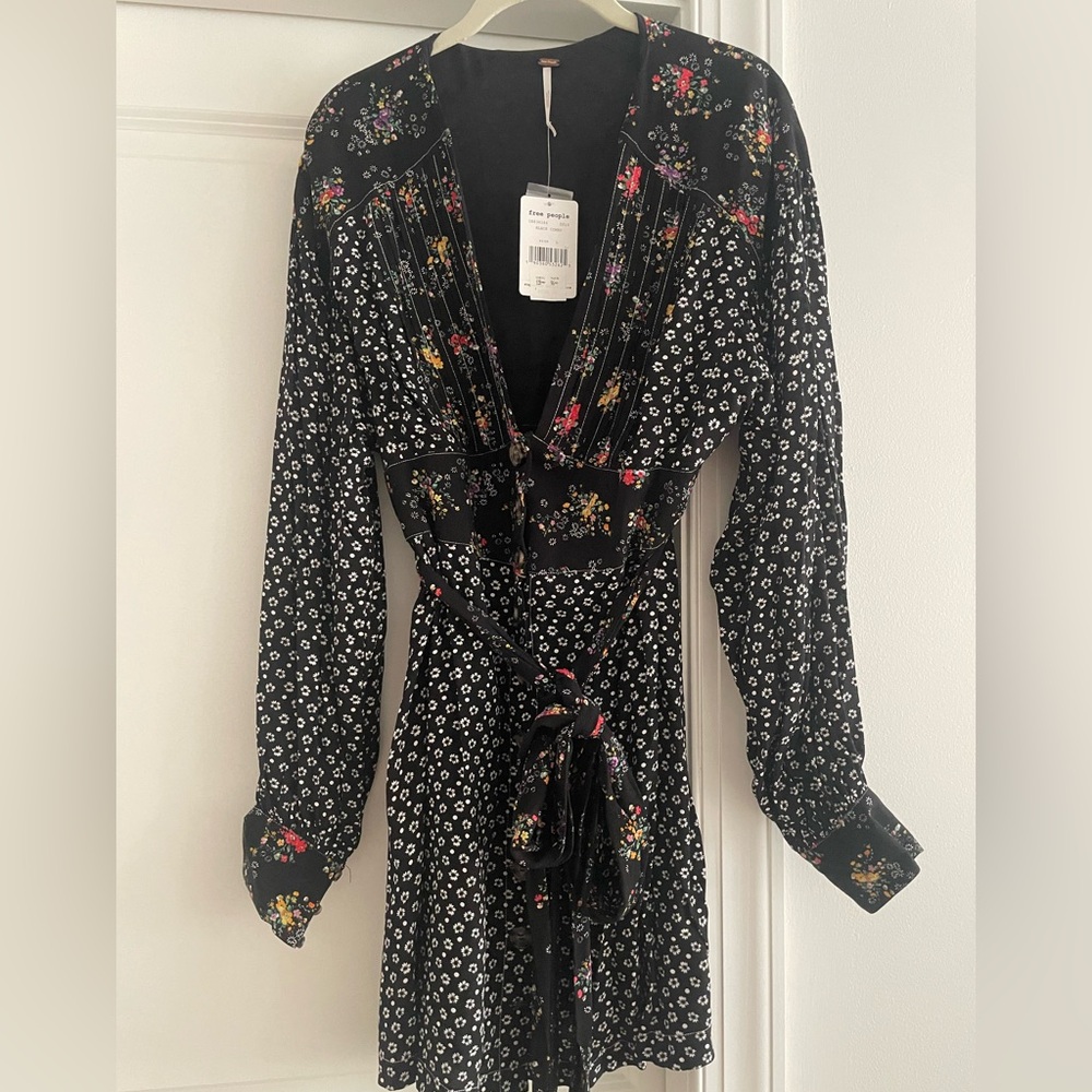 Free People Wonderland Printed mini Black and White Long Sleeve flowy Dress